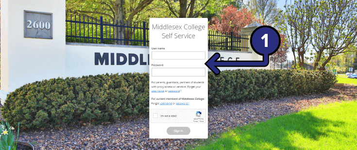 Middlesex College Self Service login screen